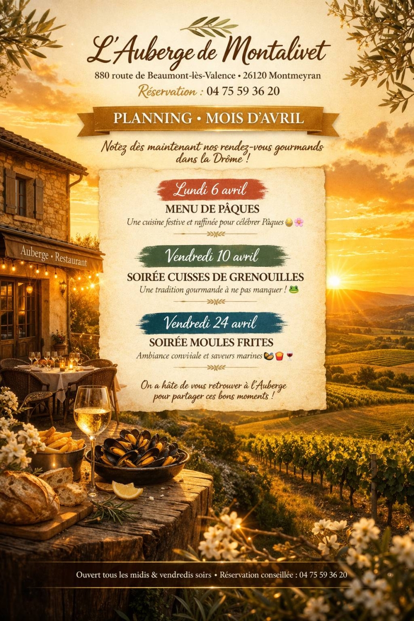 evenements - Auberge De Montalivet - Restaurant Montmeyran - Restaurant livron sur Drome - Restaurant Beaumont lès Valence